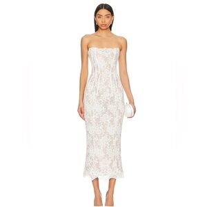 V. Chapman White Tan Strapless Sheath Midi Dress